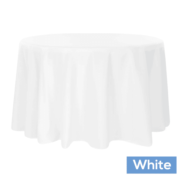 132″ Round 200 GSM Polyester Tablecloth – White | Rental