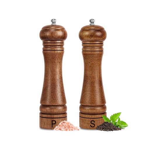 Wooden Salt and Pepper Grinder Set Refillable Salt & Pepper Mills Adjust for Coarseness, Crafted of Solid Oak Wood with Ceramic Stainless Steel Core, 8 Inches – 2 Packs | Rental