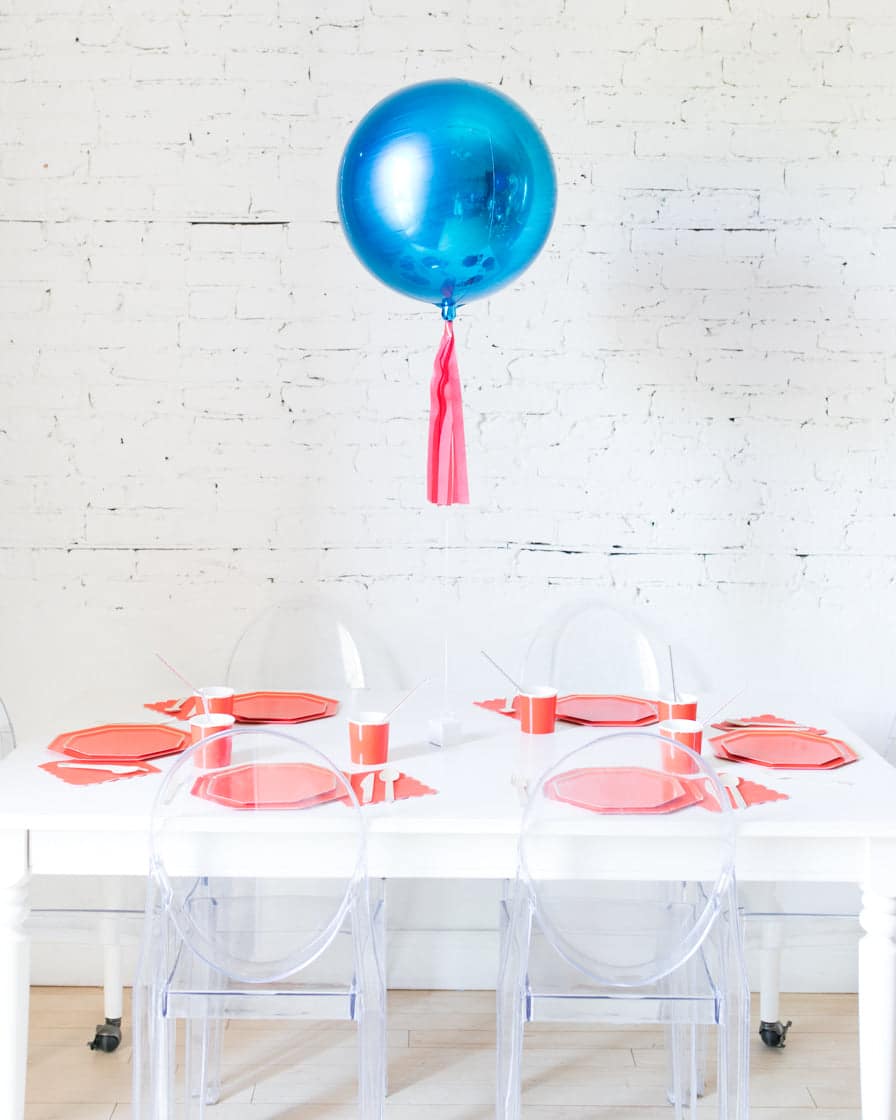 16in Blue Orb Foil Balloon and Red Skirt Centerpiece | Purchase 16in Blue Orb Foil Balloon and Red Skirt Centerpiece | Purchase