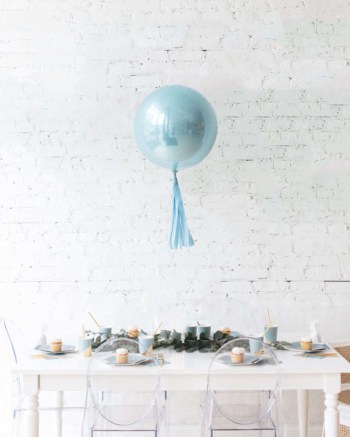 16in Pastel Blue Orb Foil Balloon and French Blue Skirt Centerpiece | Purchase 16in Pastel Blue Orb Foil Balloon and French Blue Skirt Centerpiece | Purchase