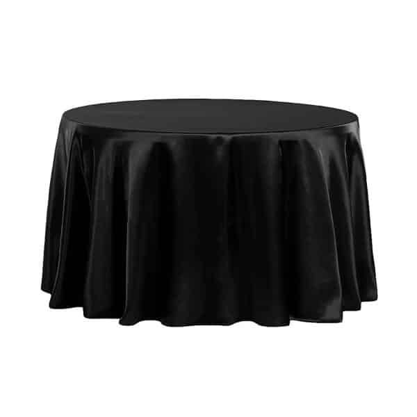 Sleek Satin Tablecloth 120″ Round – Black | Rental