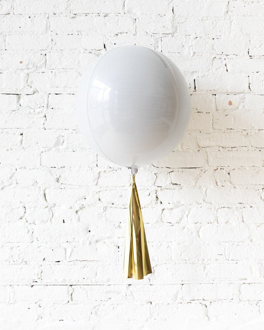 16in White Orb Foil Balloon and Gold Skirt | Purchase 16in White Orb Foil Balloon and Gold Skirt | Purchase
