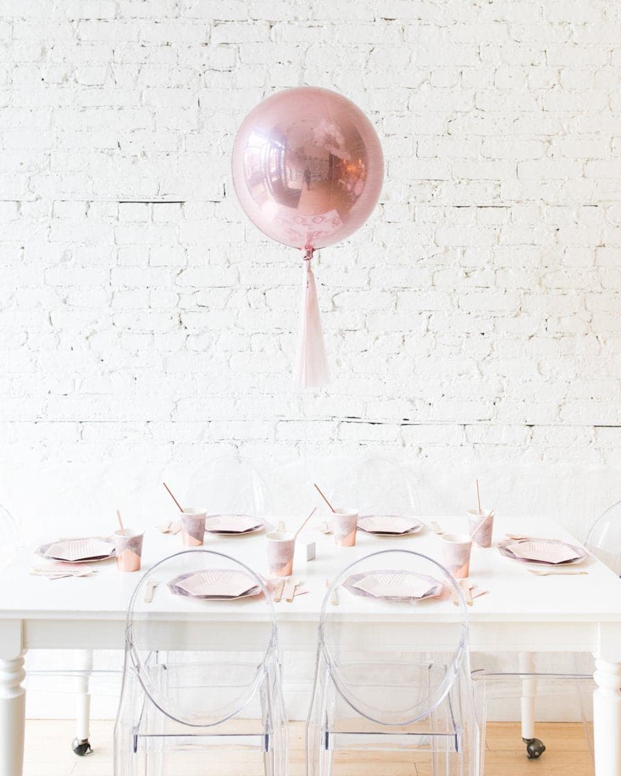 16in Rose Gold Orb Foil Balloon and Mauve Skirt Centerpiece | Purchase