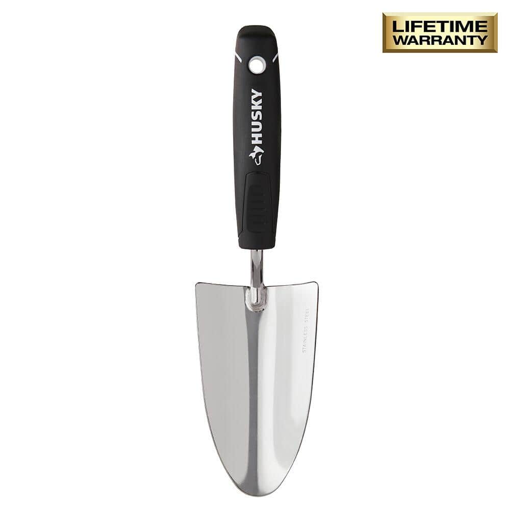 Husky — 6.2 in. Double Grip Injection Handle Stainless Steel Garden Trowel | Rental Husky — 6.2 in. Double Grip Injection Handle Stainless Steel Garden Trowel | Rental