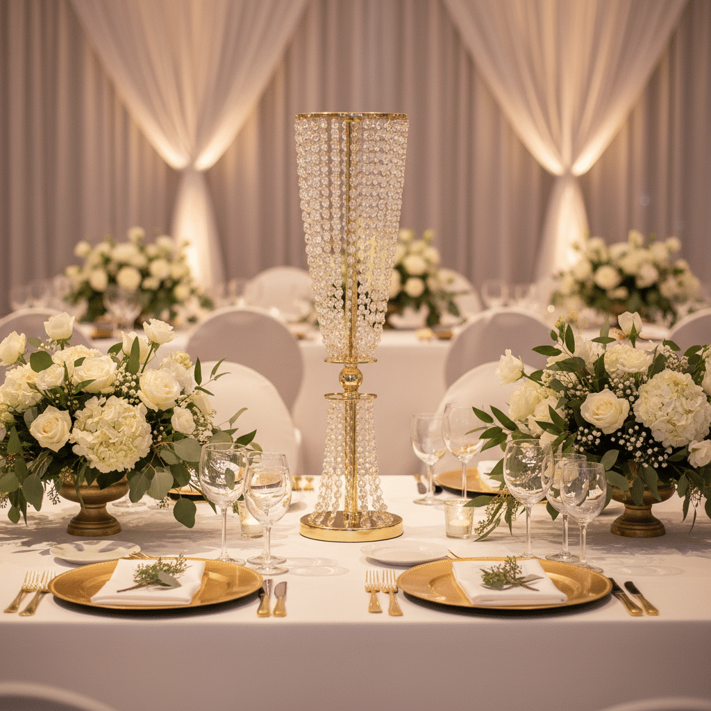 Crystal Column Tabletop Centerpiece – Gold | Rental Crystal Column Tabletop Centerpiece – Gold | Rental