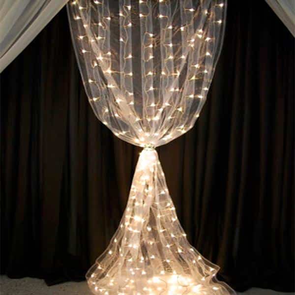 8ft White Organza Curtain with Warm White LED Lights | Rental 8ft White Organza Curtain with Warm White LED Lights | Rental