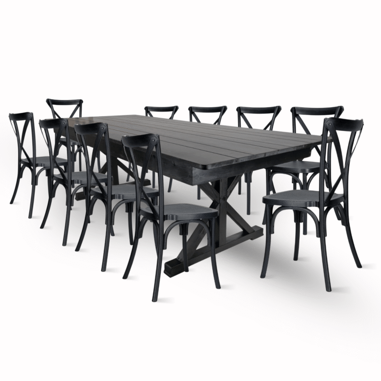 Black X-Leg Farm Table Dining Set Set with 10 Chairs | Rental Black X-Leg Farm Table Dining Set Set with 10 Chairs | Rental