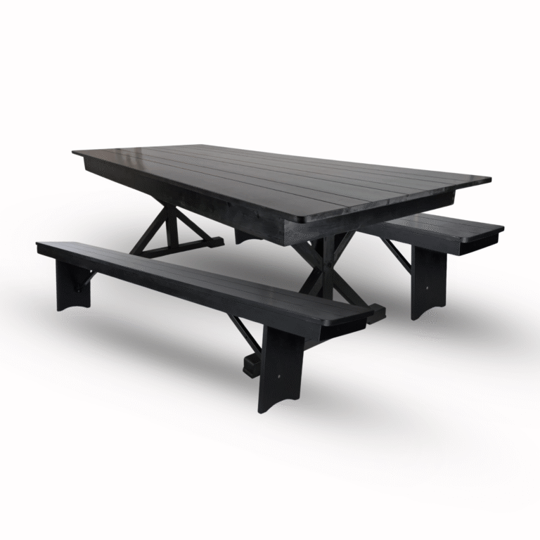 Black X-Leg Farm Table Dining Set with 2 Benches | Rental Black X-Leg Farm Table Dining Set with 2 Benches | Rental