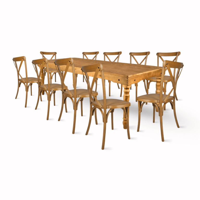 Chestnut Fluted Leg Farm Table Dining Set with 10 Chairs | Rental Chestnut Fluted Leg Farm Table Dining Set with 10 Chairs | Rental