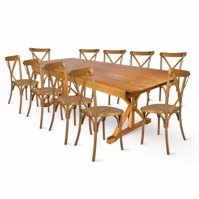 Chestnut X-Leg Farm Table Dining Set with 10 Chairs | Rental Chestnut X-Leg Farm Table Dining Set with 10 Chairs | Rental