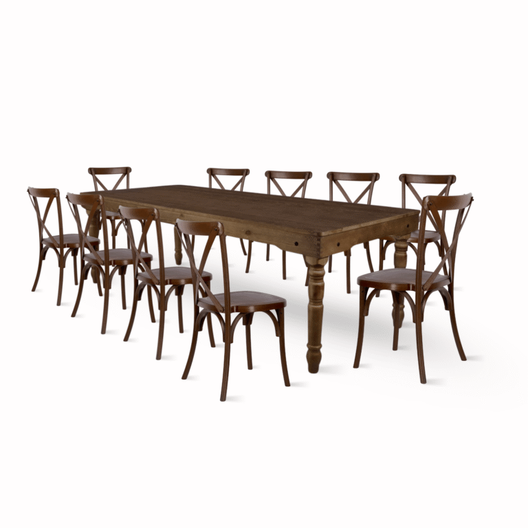 Fruitwood Fluted Leg Farm Table Dining Set with 10 Chairs | Rental Fruitwood Fluted Leg Farm Table Dining Set with 10 Chairs | Rental