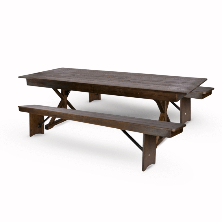 Fruitwood X-Leg Farm Table Dining Set with 2 Benches | Rental Fruitwood X-Leg Farm Table Dining Set with 2 Benches | Rental