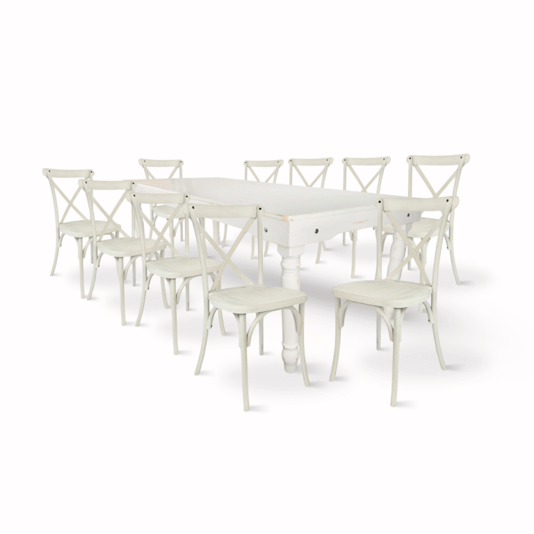 White Distressed Fluted Leg Farm Table Dining Set with 10 Chairs | Rental White Distressed Fluted Leg Farm Table Dining Set with 10 Chairs | Rental