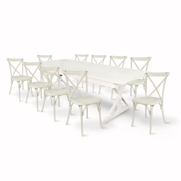 White Distressed X-Leg Farm Table Dining Set with 10 Chairs | Rental White Distressed X-Leg Farm Table Dining Set with 10 Chairs | Rental