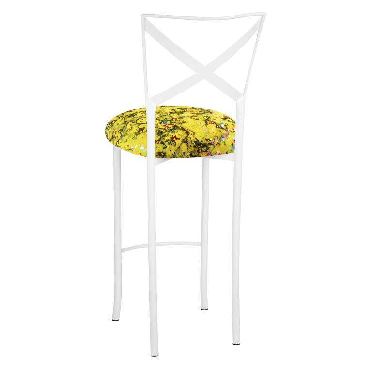 Simply X White Barstool with Yellow Paint Splatter Stretch Knit Cushion – Chameleon Chair Collection | Rental Simply X White Barstool with Yellow Paint Splatter Stretch Knit Cushion – Chameleon Chair Collection | Rental
